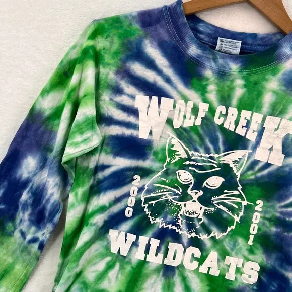 Vintage Anvil Youth Tie Dye Wolf Creek Long Sleeve Wildcats 2000's T-Shirt L - Picture 3 of 10
